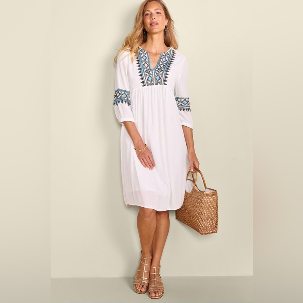 Soft Surroundings White Midi Dress with Blue and Teal Embroidery Accents